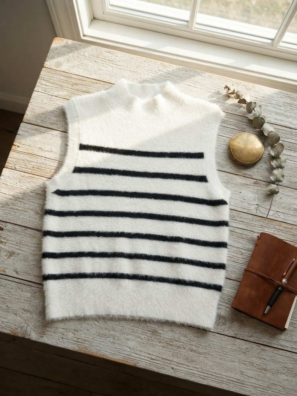 Bailey 44 White Sleeveless Fuzzy Sweater Vest with Black Stripes